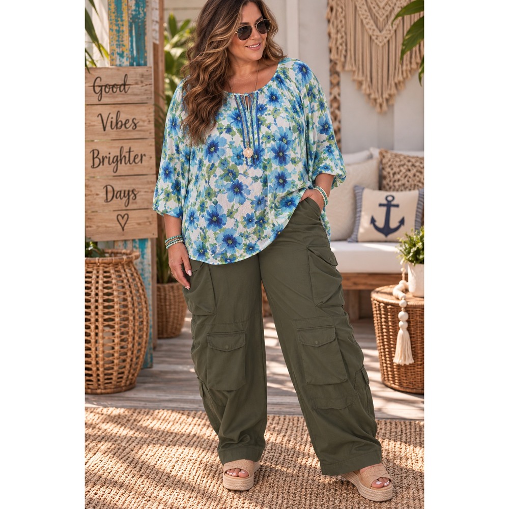 40. 1XL SET Kim RogersBlue Floral Top & Olive Green Carpenter Pants Casual, Boho